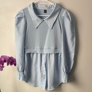 SHEIN Light Blue & White Striped Collared Top